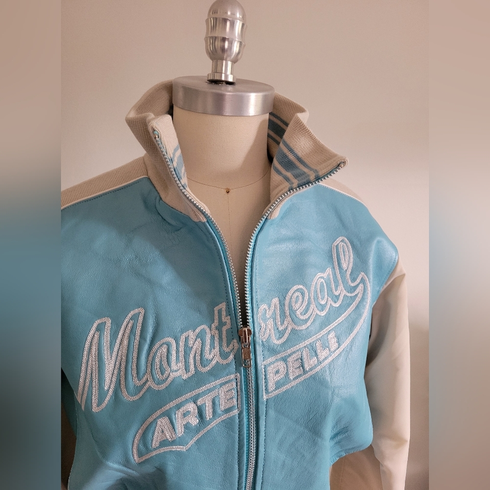 BNWT leather "Montreal" cropped bomber jacket in blue and cream vintage style